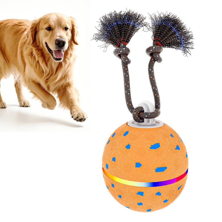 Orange LED dog training toy ball with two spiky rope tentacles and a textured base.