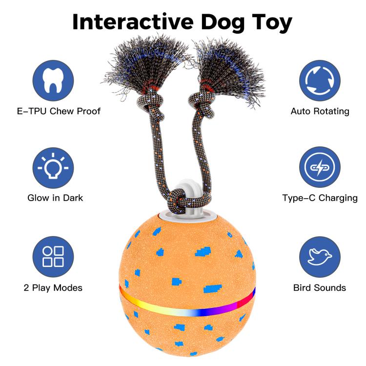 Orange interactive dog toy ball with two spiky rope brush arms and a circular base.