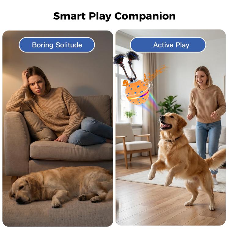 Orange smart dog toy ball with rope arms, shown spinning during active play.