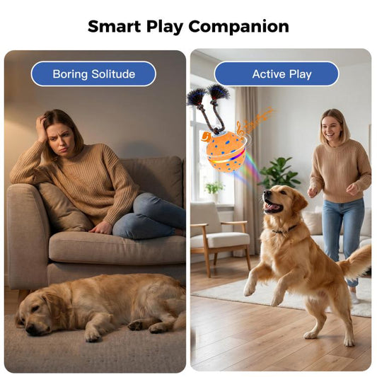 Orange smart dog toy ball with rope arms, shown spinning during active play.