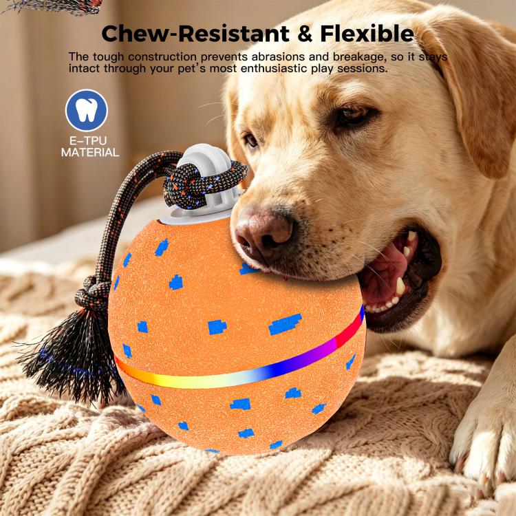 Orange chew-resistant dog toy ball with flexible rope tentacles and spiky brush ends.