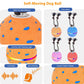 Orange self-moving LED dog ball with flashing lights and rope brush tentacles.