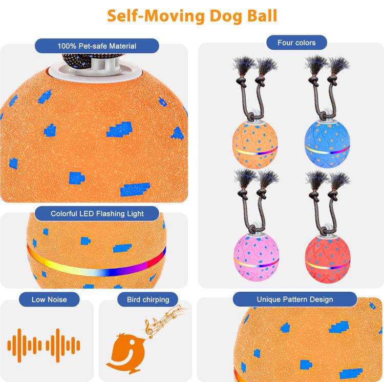 Orange self-moving LED dog ball with flashing lights and rope brush tentacles.