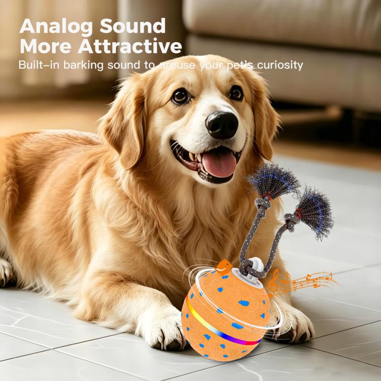 Orange dog toy ball with rope brush arms, designed to make engaging sounds during play.