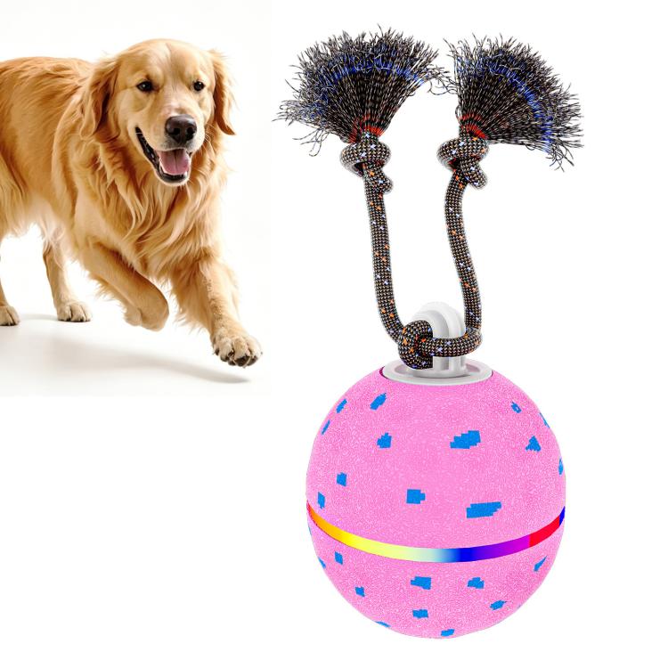 Pink LED dog training toy ball with two spiky rope tentacles and a textured base.