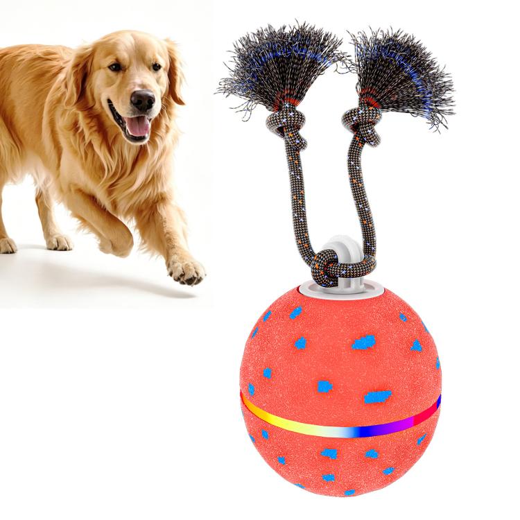 Red-orange LED dog training toy ball with two spiky rope tentacles and blue speckles.