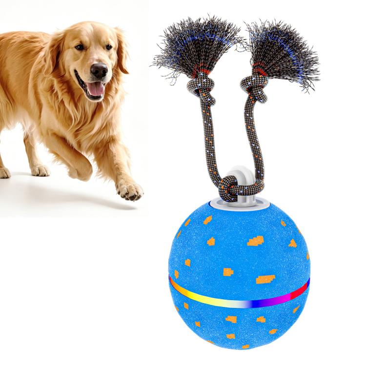 Blue automatic pet toy ball with light and sound, rope handle with bristled arms