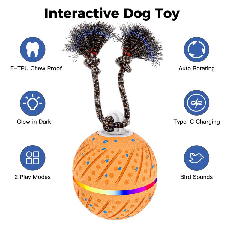 Interactive dog toy ball with rope, orange patterned shell and glowing light base