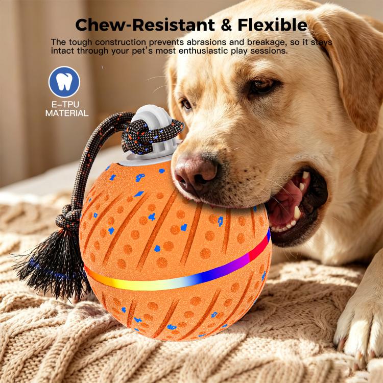 Chew-resistant orange dog toy ball with rope attachment and bristled brush heads