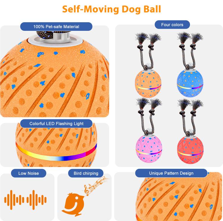 Self-moving dog toy ball with rope, orange patterned shell and colorful LED light