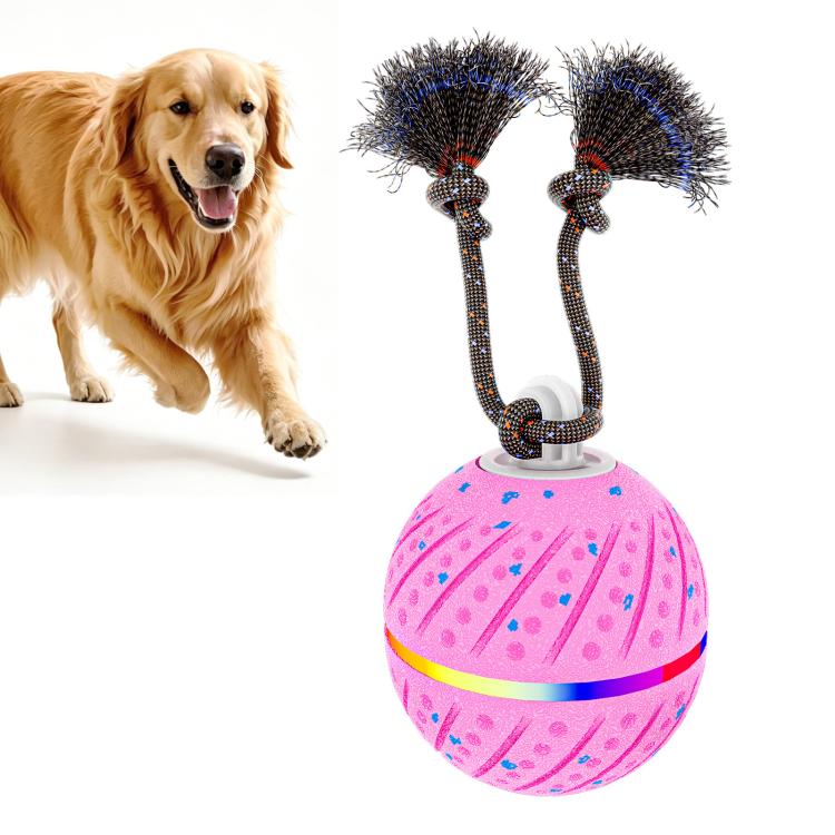 Interactive dog toy ball with rope, pink patterned shell with blue trim and bristles