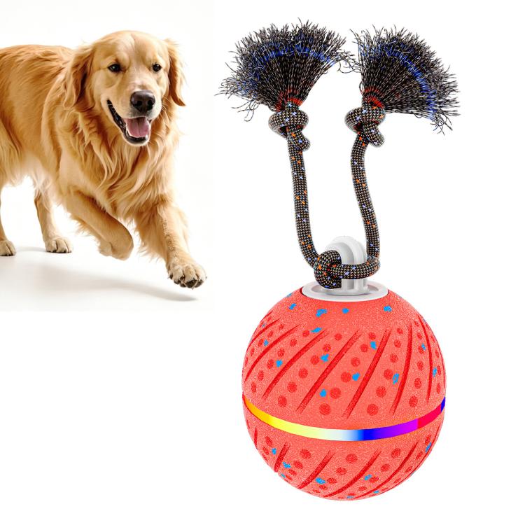 Interactive dog toy ball with rope, orange-red patterned shell and blue trim bristles