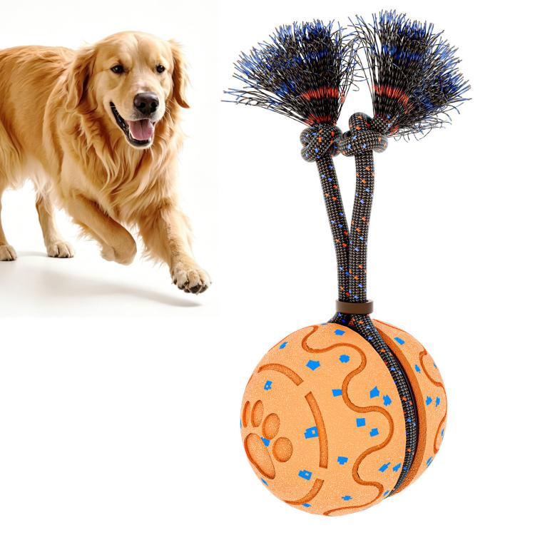 Interactive dog training toy ball with rope and blue bristle tassels, orange patterned ball