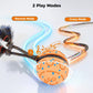 Interactive dog toy ball with rope and blue bristle tassels, orange patterned ball