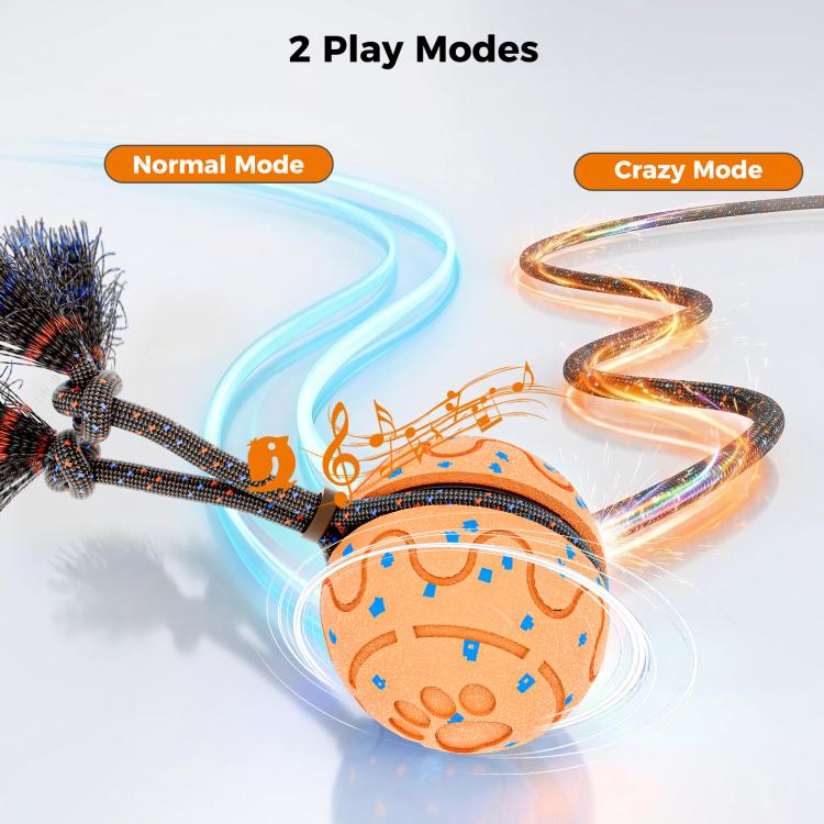 Interactive dog toy ball with rope and blue bristle tassels, orange patterned ball