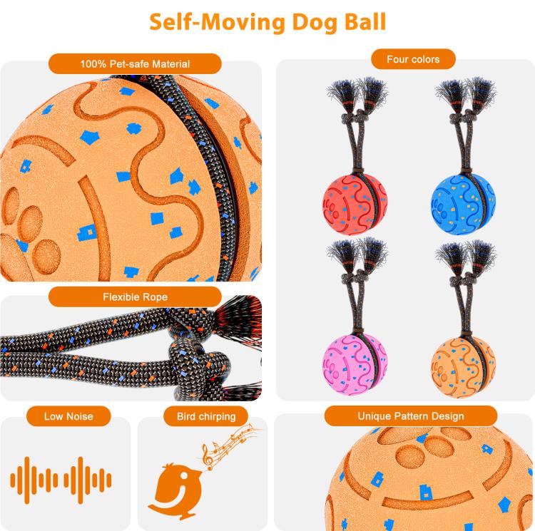 Smart moving dog ball toy with flexible rope and blue bristle tassels, orange patterned ball