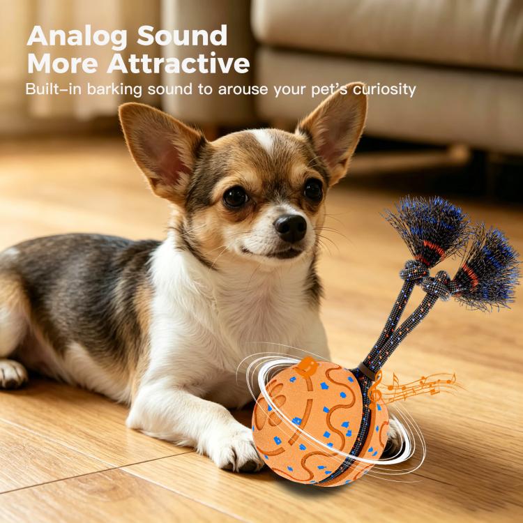 Analog sound dog toy ball on rope with blue bristle tassels, orange patterned ball