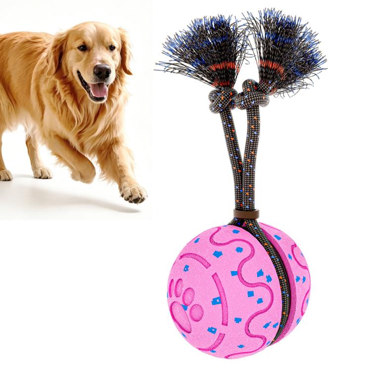 Interactive dog training toy ball with rope and blue bristle tassels, pink patterned ball