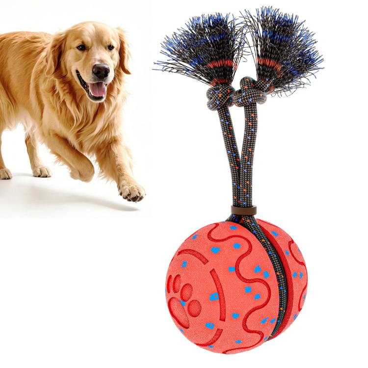 Interactive dog training toy ball with rope and blue bristle tassels, orange patterned ball
