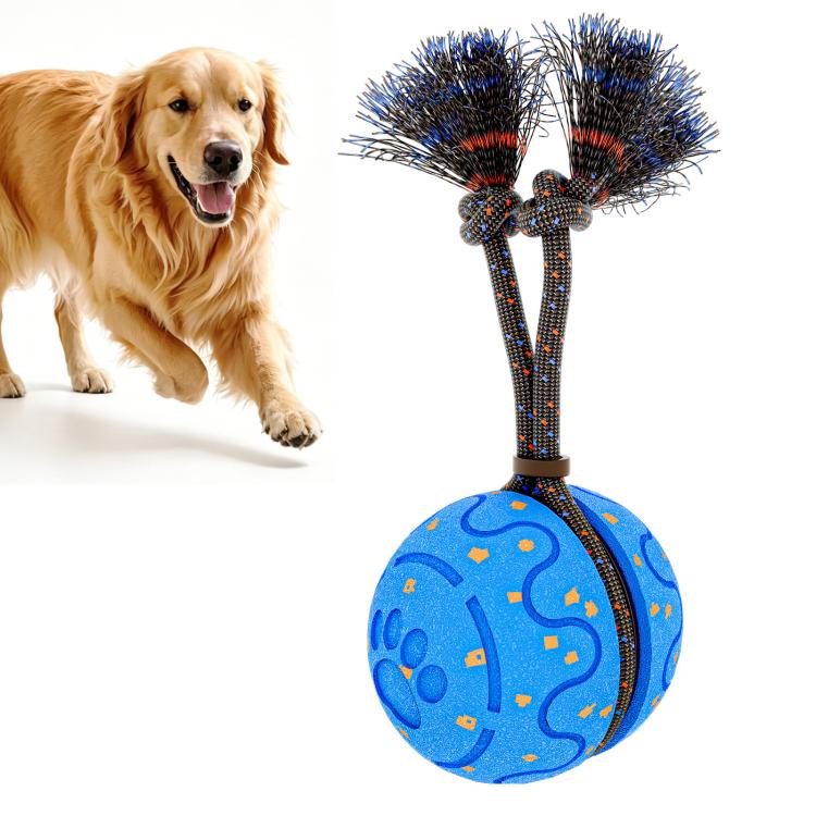Automatic pet toy ball with rope, blue speckled ball and pompom strands