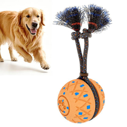Orange fabric dog training ball toy with rope handle and blue bristle attachments