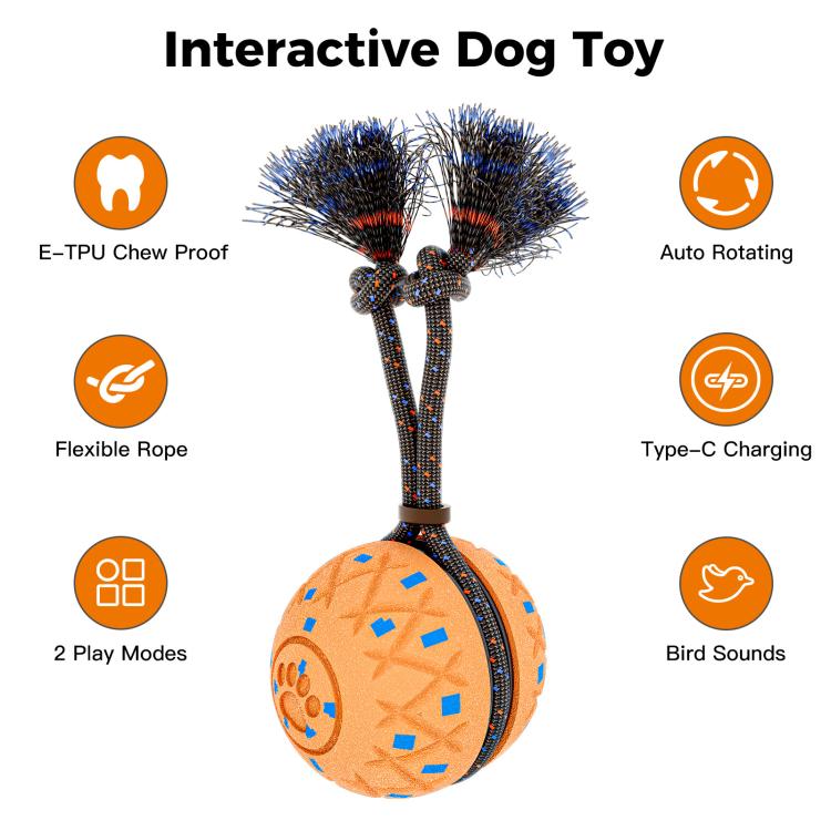 Orange fabric dog training ball toy with rope handle and blue bristle attachments