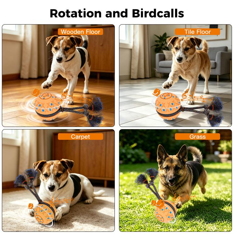 Orange fabric dog training ball toy with rope handle and blue bristle attachments