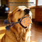 Orange fabric dog training ball toy with rope handle and blue bristle attachments
