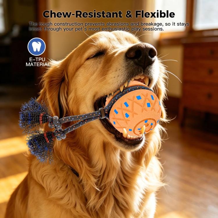 Orange fabric dog training ball toy with rope handle and blue bristle attachments