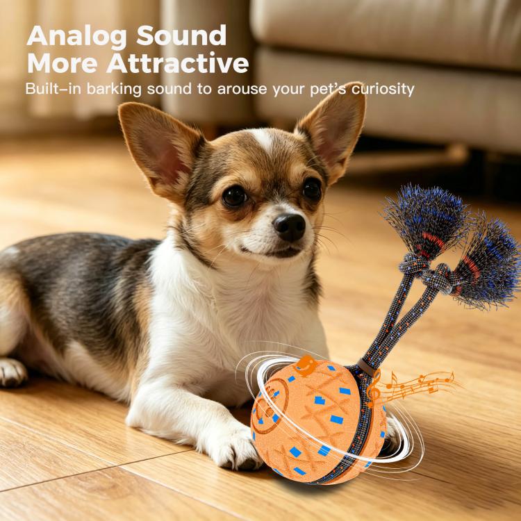 Orange fabric dog training ball toy with rope handle and blue bristle attachments