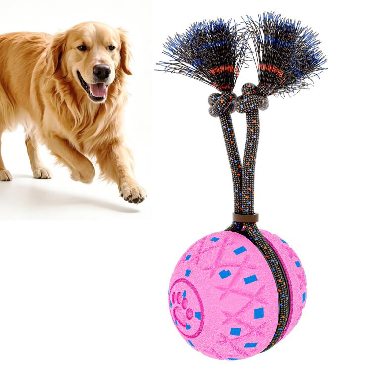 Pink fabric dog training ball toy with rope handle and blue bristle attachments