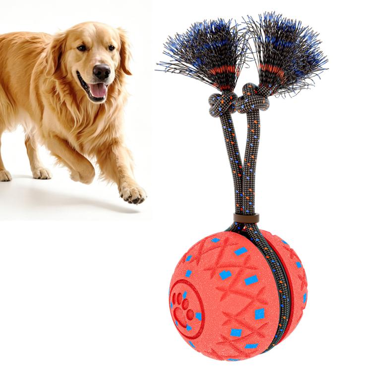Orange fabric dog training ball toy with rope handle and blue bristle attachments