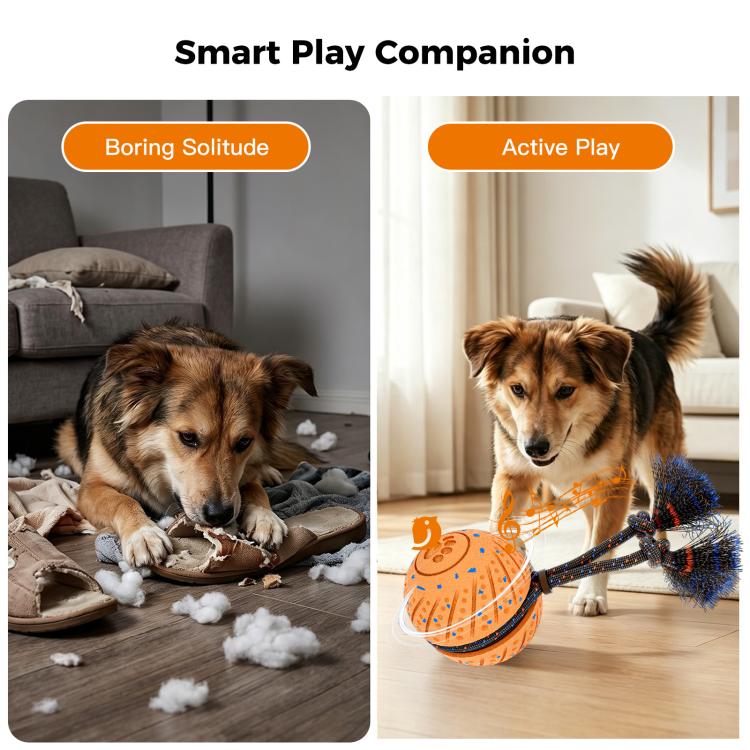 Orange self-moving dog ball toy with flexible rope and blue-and-black bristled whiskers