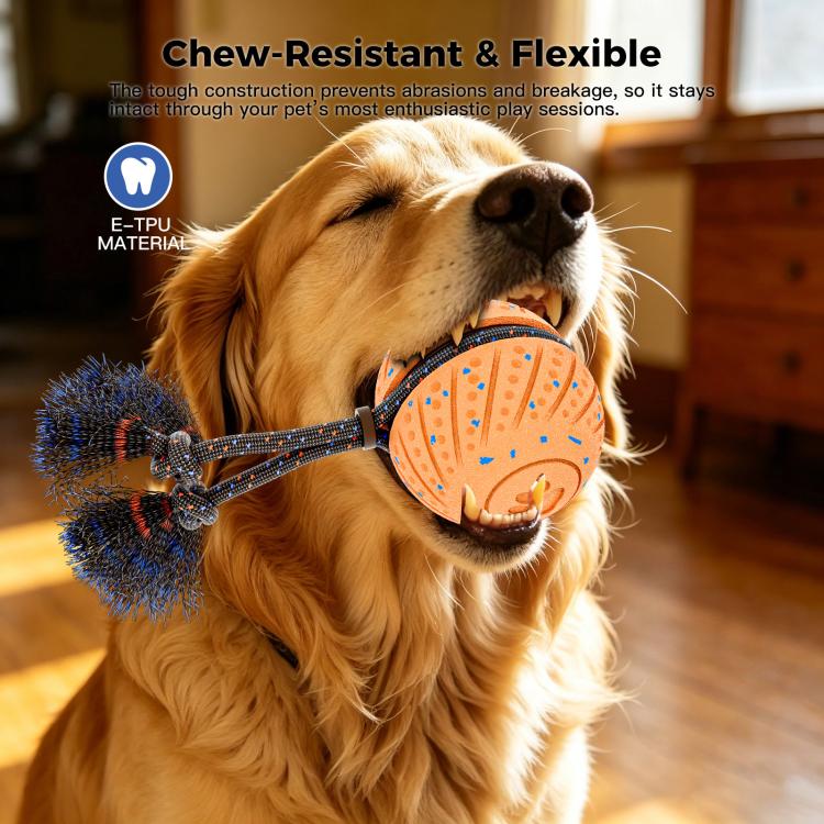 Orange chew-resistant dog ball toy with flexible rope and blue-and-black bristled ends