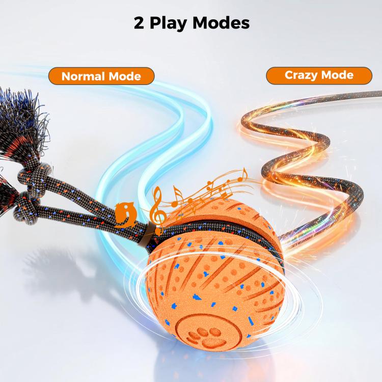 Orange self-moving dog ball toy with rope, bristled ends, and swirling motion effects