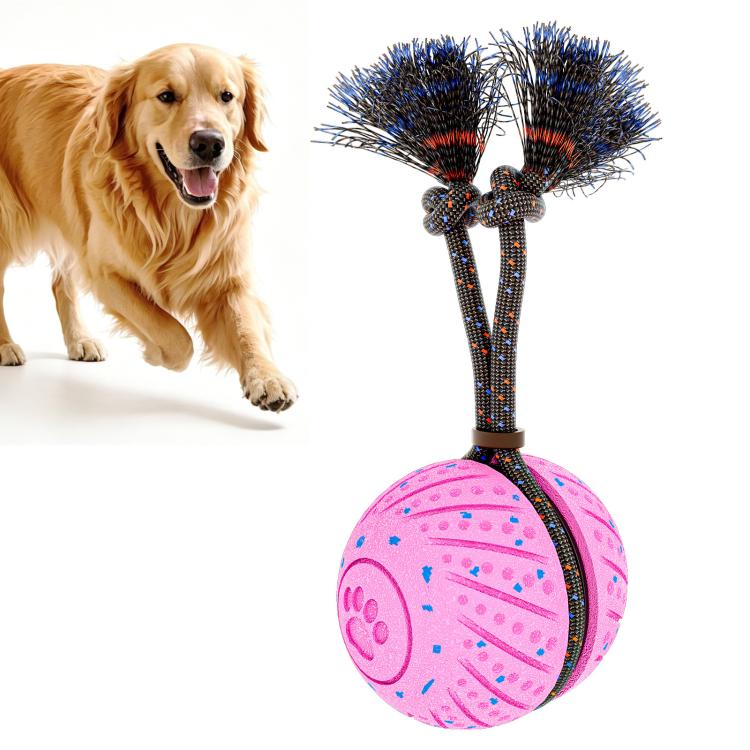 Pink self-moving dog ball toy with flexible rope and blue-and-black bristled ends