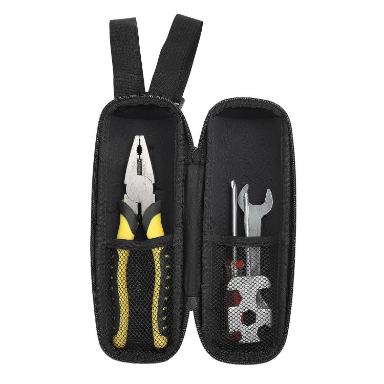 Water bottle bag with double compartments and mesh tool pockets, black zipper pouch.