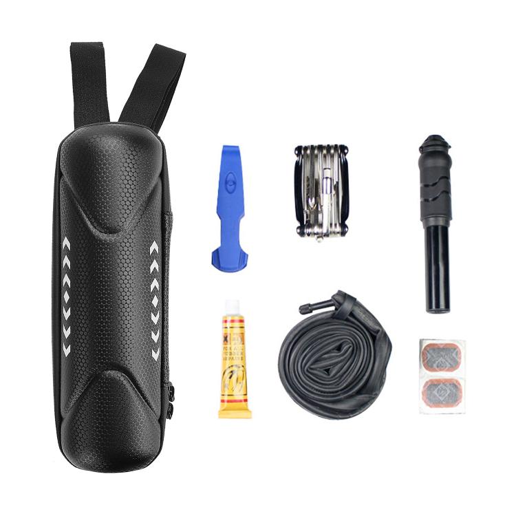 Water bottle bag, black textured pouch with hanging strap, shown with included accessories.