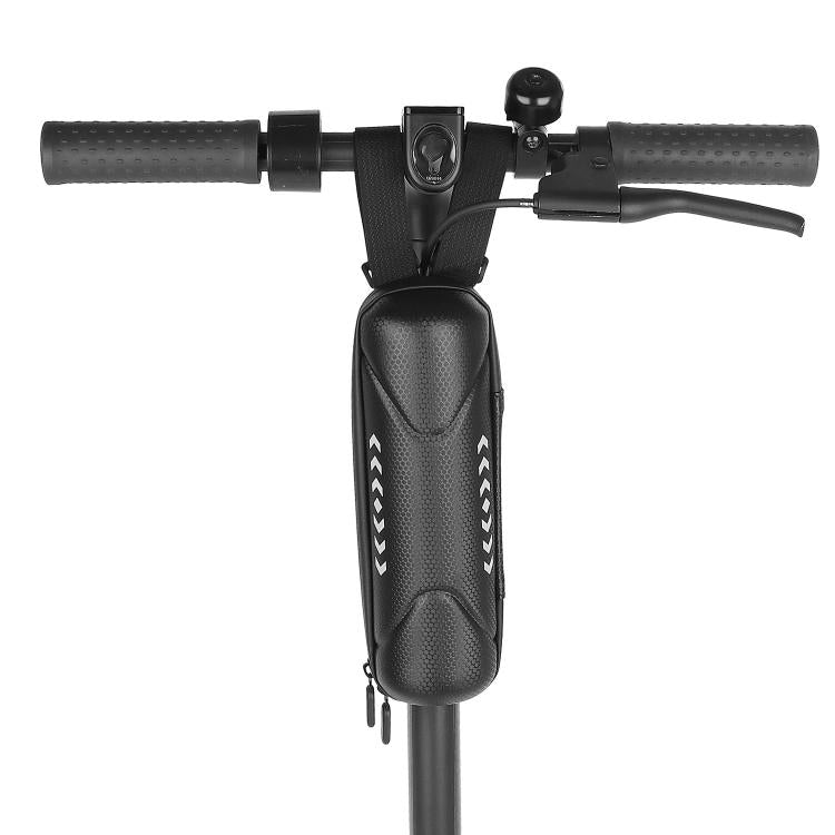 Scooter handlebar water bottle bag, black textured front pouch with securing straps.