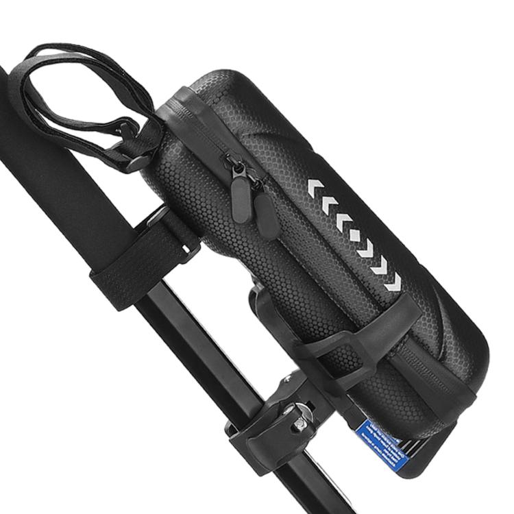 Water bottle bag for scooter, black textured case with two mounting straps and zipper tab.
