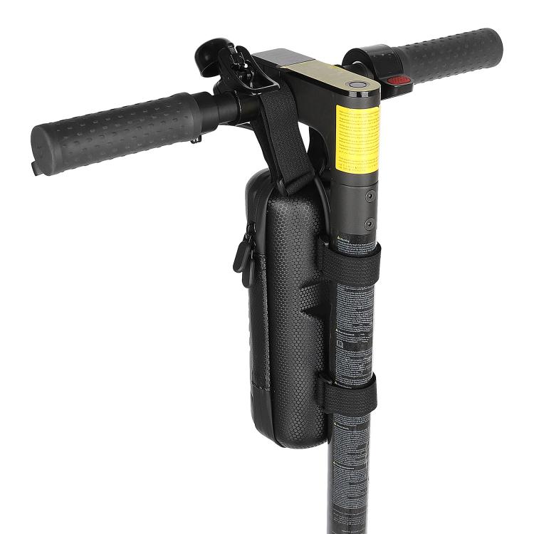 Scooter water bottle bag, black textured pouch mounted on handlebar with securing band.