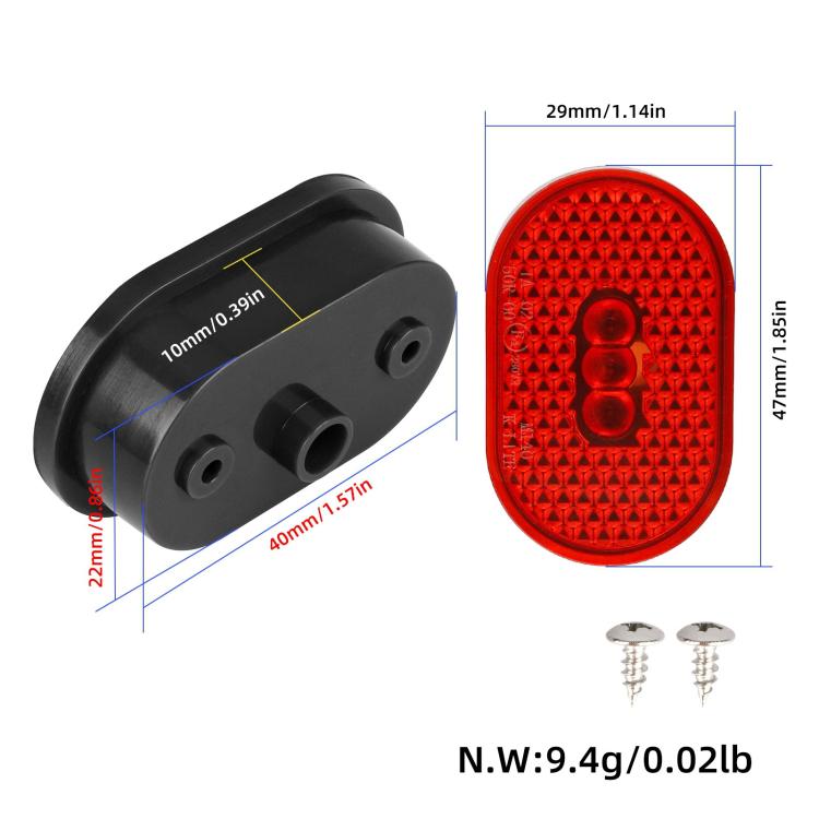 Red taillight lens and black housing with mounting screws, size diagram