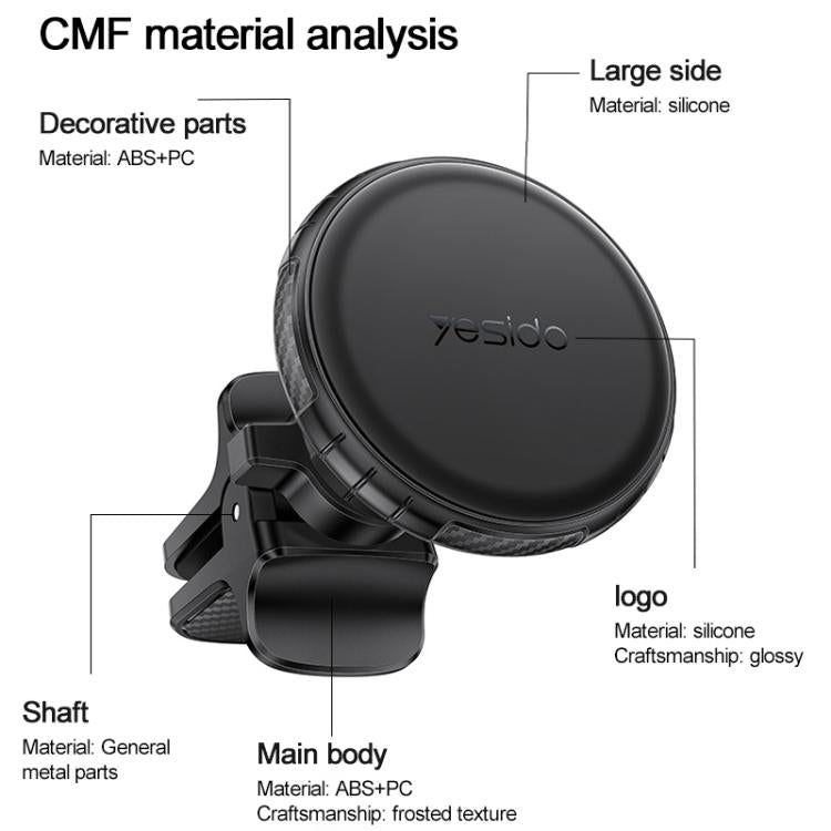 Black magnetic air vent phone holder shown with labeled parts and silicone texture