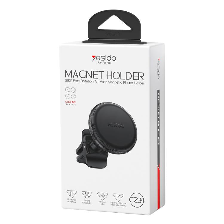 Car magnetic phone holder with vent clip, round magnetic pad shown on retail box