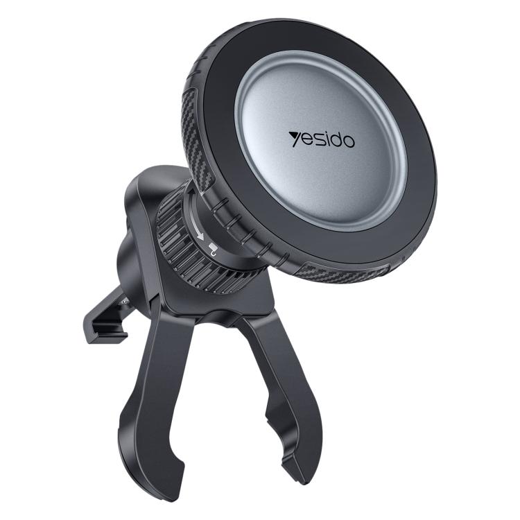 Black magnetic car air vent phone holder with circular vent mount and hinged clamp