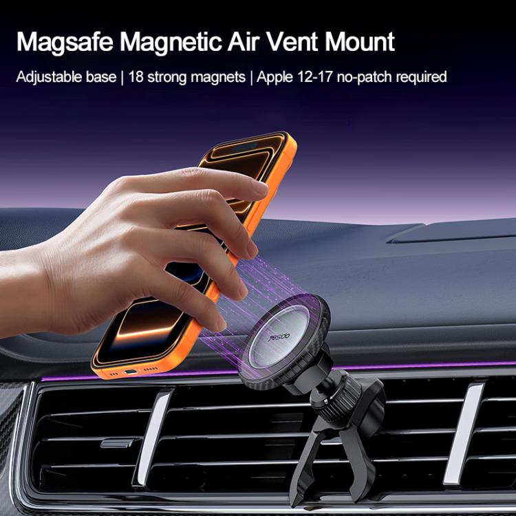Black Magsafe-style magnetic air vent mount with cradle for attaching smartphone