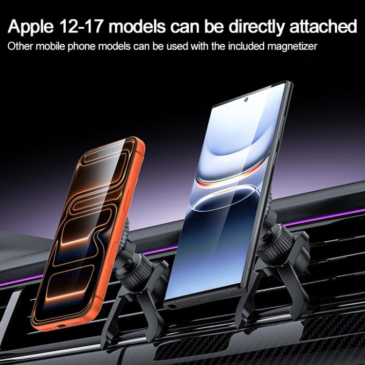 Black car vent magnetic phone holder with cradle supporting smartphone