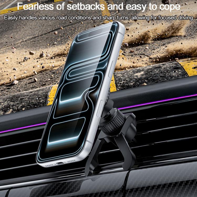 Black magnetic phone holder clamped to car air vent with adjustable cradle arms