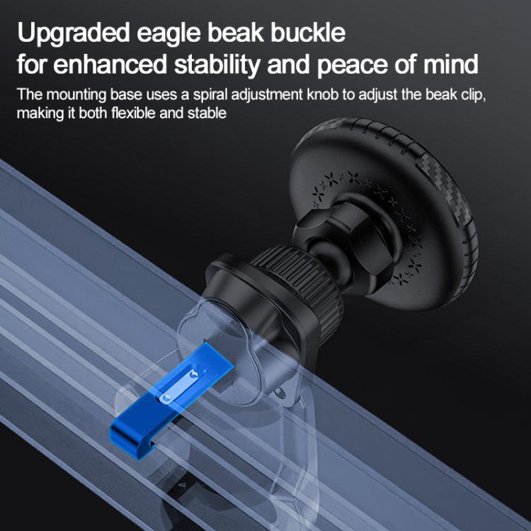 Black vent clip phone holder with adjustable beak buckle and spring clamp arms