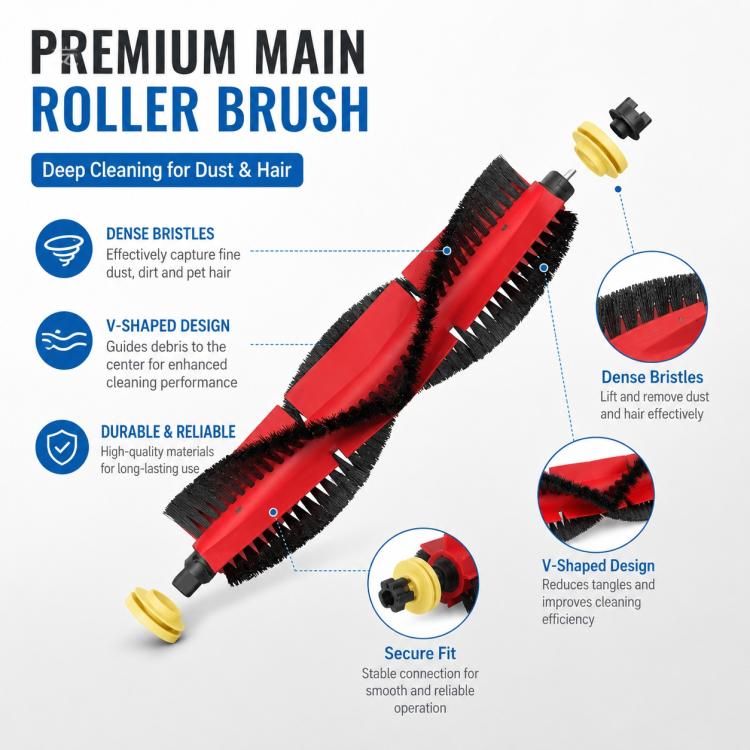 Replacement main roller brush with red V-shaped roller and dense black bristles